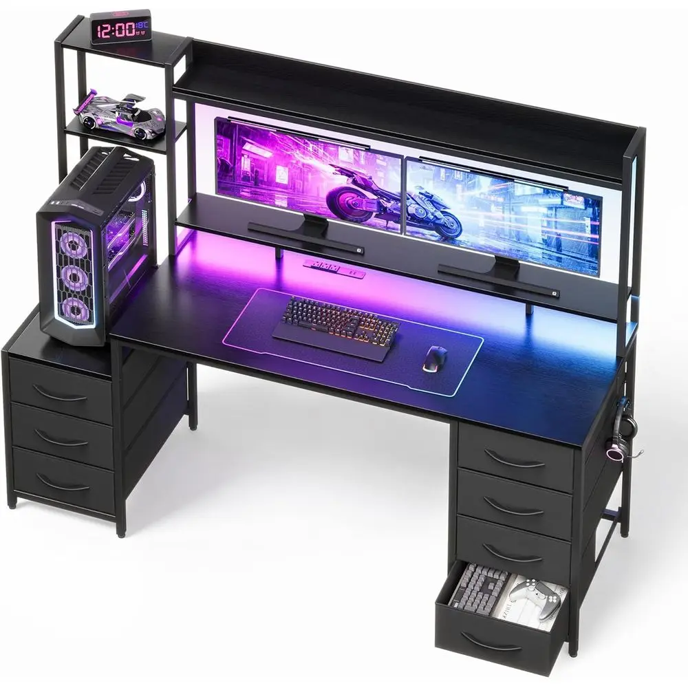 55 Reversible Gaming Desk with 7 Drawers, LED Lights, Power Outlets, and Monitor Stand for Home Office