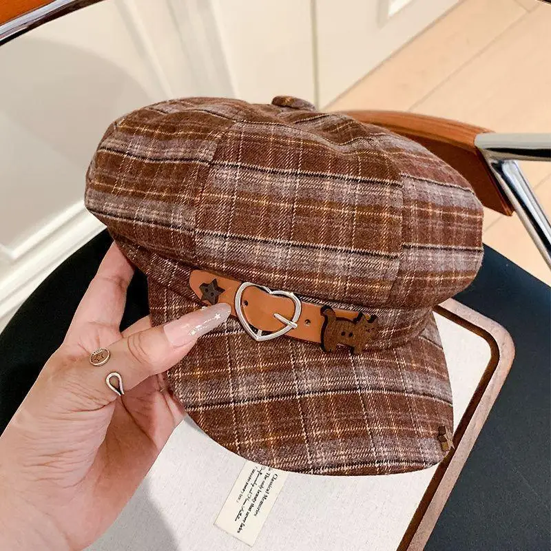 Japanese-style Women's Black Plaid Retro Octagonal Cap Autumn Collection Sweet & Edgy Versatile Beret Campus Student Hat