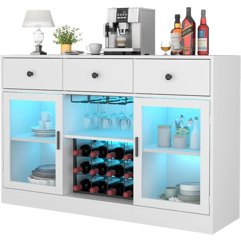 Wine Bar Cabinet with LED Light, Home Coffee Cabinet with Wine and Glass Rack, Kitchen Buffet Sideboard with Storage Cabinet&Dra