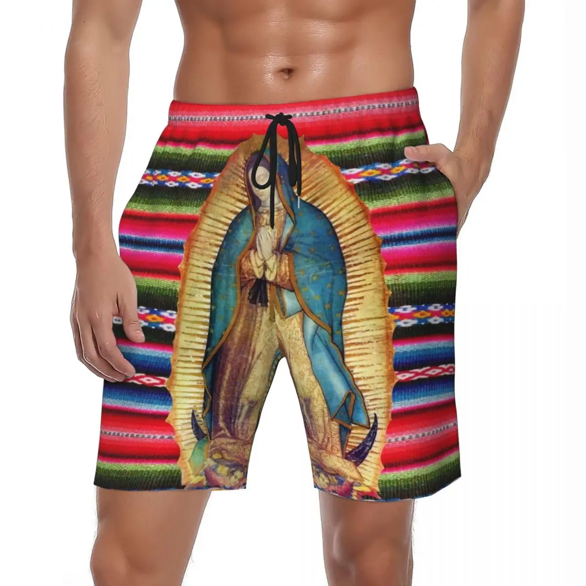 Virgin Mary Print Board Shorts Summer Our Lady of Guadalupe Sports Board Short Pants Males Breathable Y2K Oversize Beach Trunks