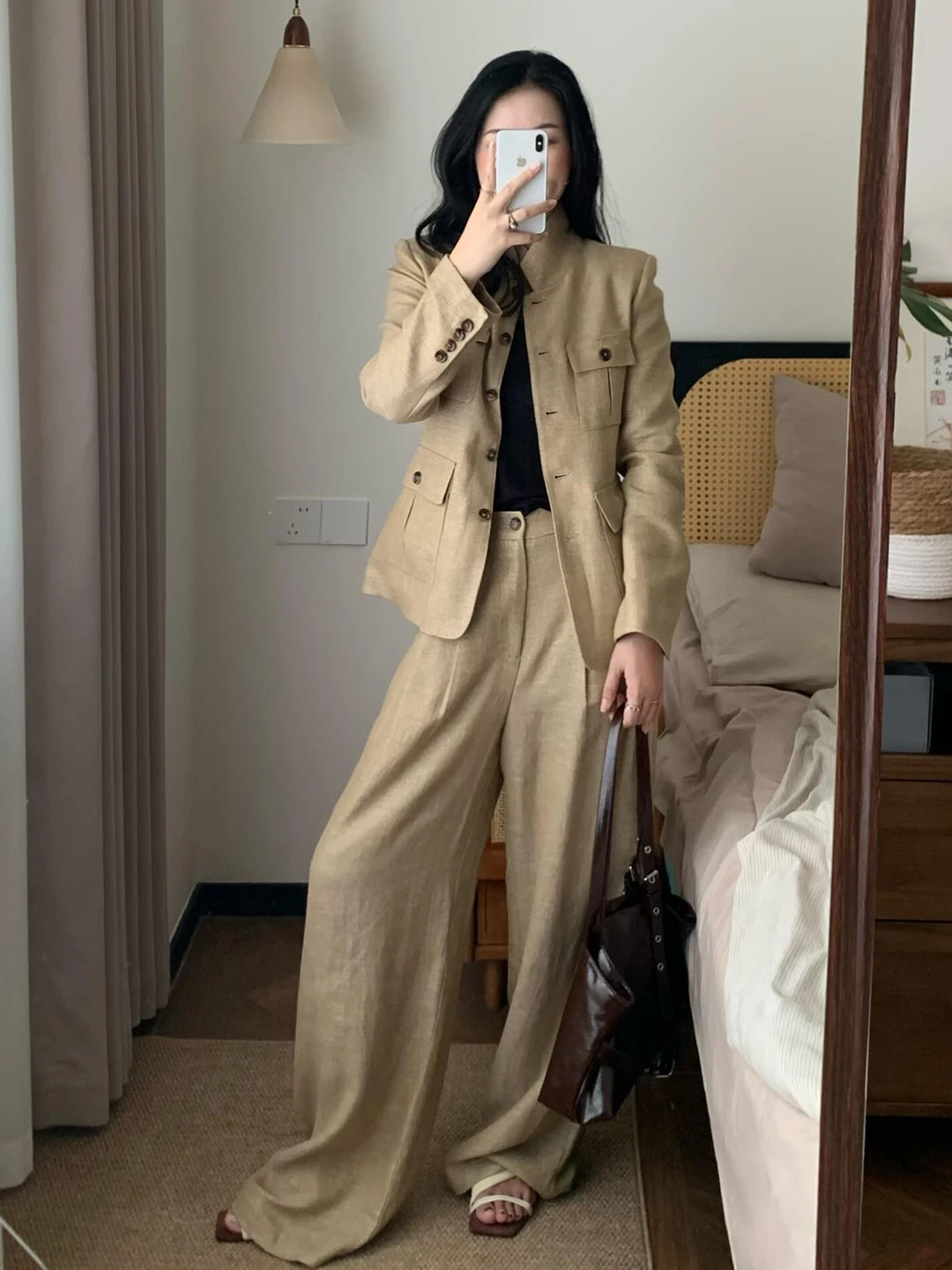  Linen Suit Set Women's Autumn Commute Wide Leg Pants Two Piece Set Casual Style High Waist Pure Color Fashionable