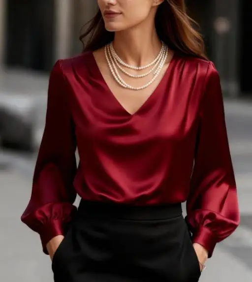 

2025 New Elegant Style Bubble Sleeve V-Neck Satin Long Sleeved Shirt for Women