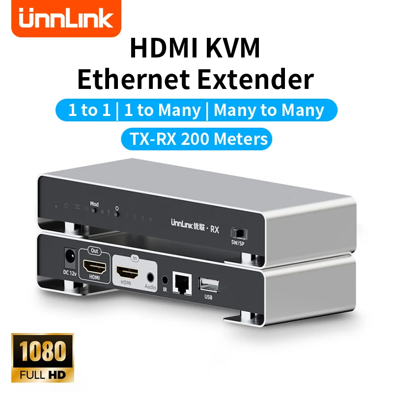 

Unnlink 200m HDMI KVM Extender Splitter Over Ethernet Rj45 CAT 5e/6 USB Ethernet Extender 656FT With IR EDID For Mouse Keyboard