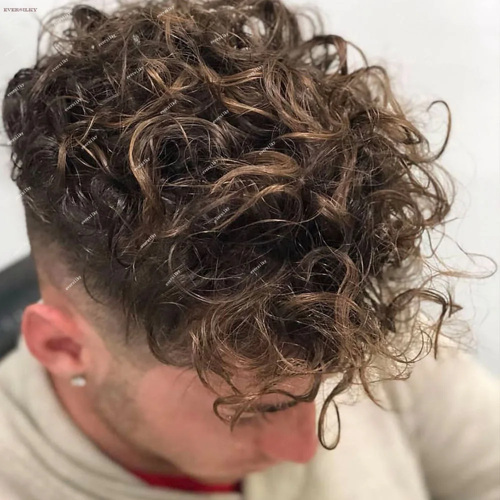 

28mm Curly 0.02mm Super Thin Skin Natural Hairline Light Brown Blonde Human Hair Men Toupee Black Gray Capillary Prosthesis Wigs