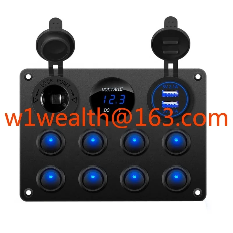

Waterproof 8 Gang Rocker Dual USB Charger Digital Voltmeter 12V Outlet Pre-Wired Switch Panel with Circuit Breakers