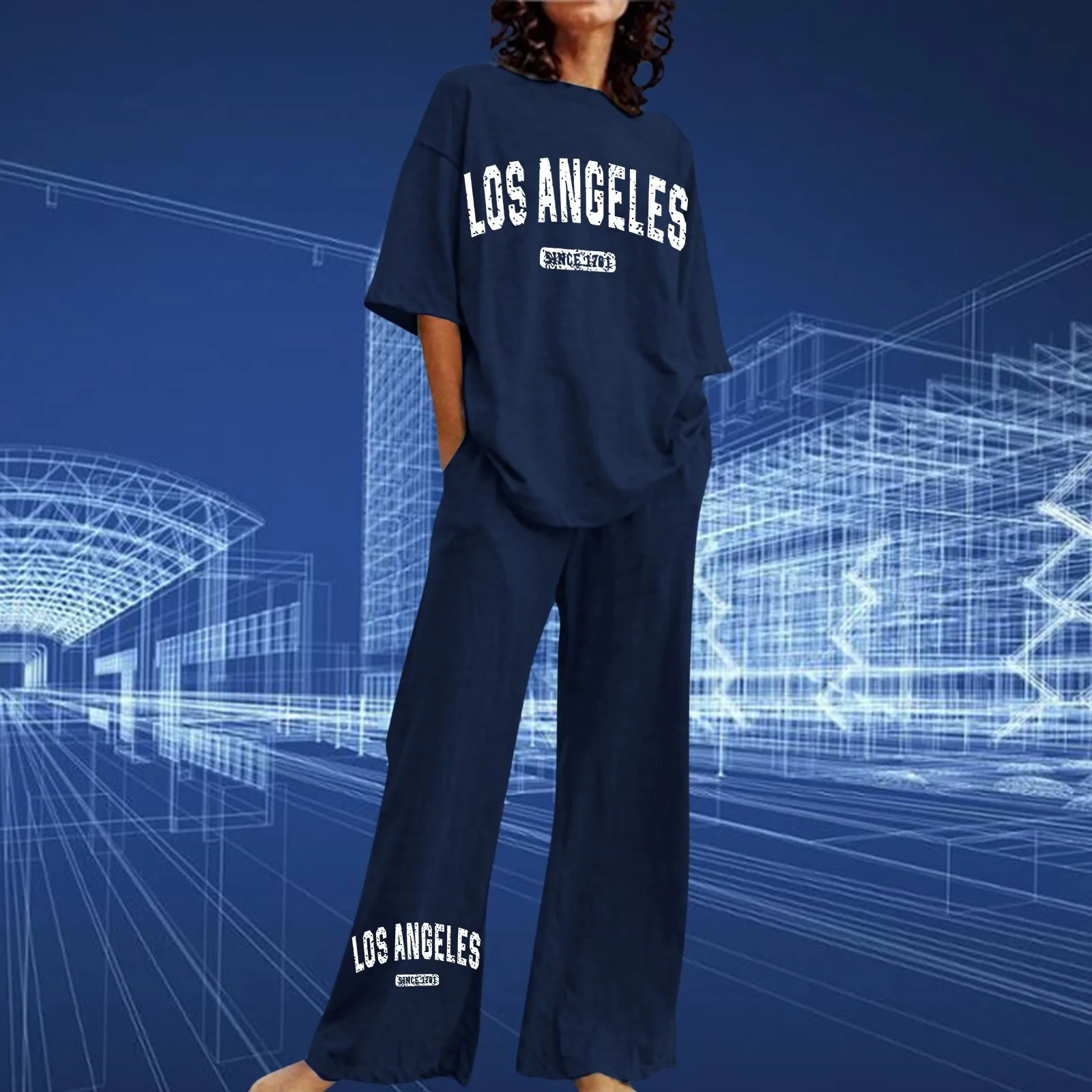 

Women Casual Summer Fashion Sets Loose Round Neck T-Shirt Printed Tops Large Size Wide Leg Pants Long Straight Pants Teen Suits