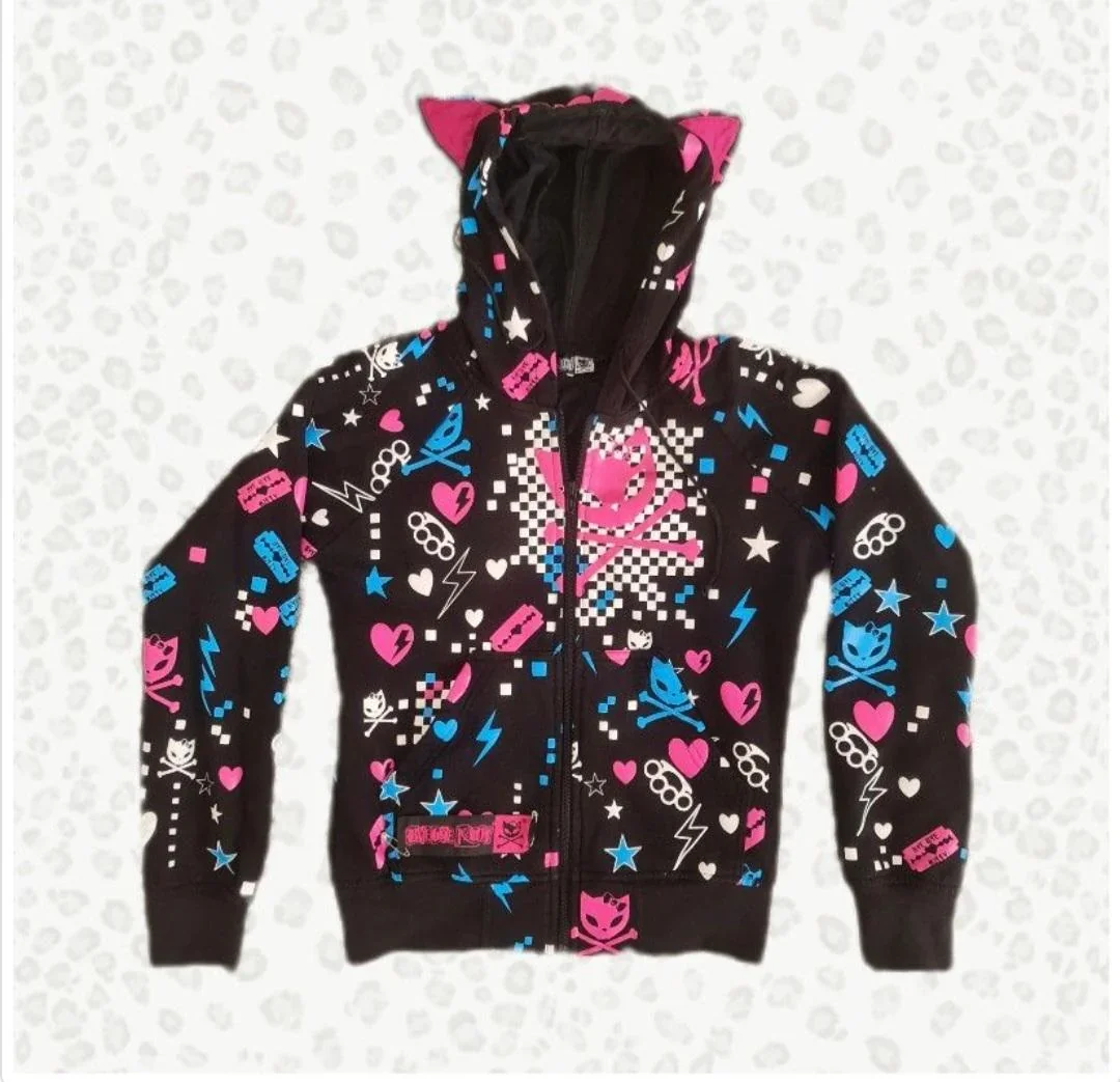 Y2k هوديي الجماجم طباعة ملابس الشتاء النساء خمر 90s آذان القط زمم مقنعين الشرير فضفاض فام بلوزات القوطية Harajuku #1