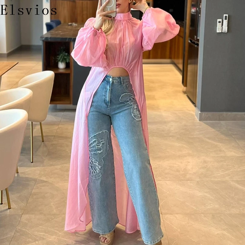 

Casual O-neck Bubble Long Sleeve Irregular Tops Women Sexy Perspective Thin Loose Long Shirts Elegant Temperament Solid Blouses