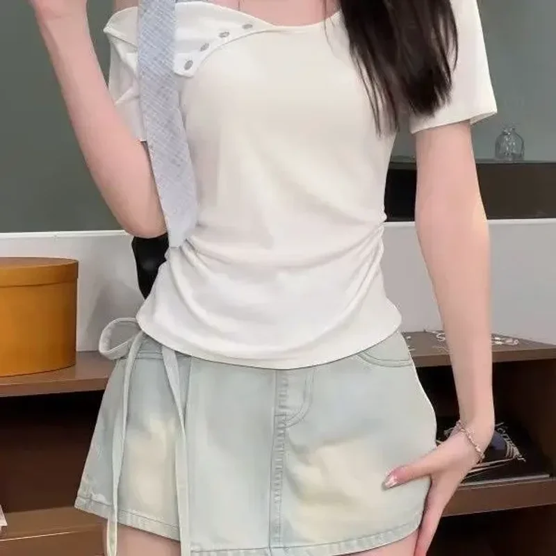 프랑스어 새로운 달콤한 불규칙한 나비 넥타이 여름 나비 티셔츠 디자인 슬림 반팔 탑