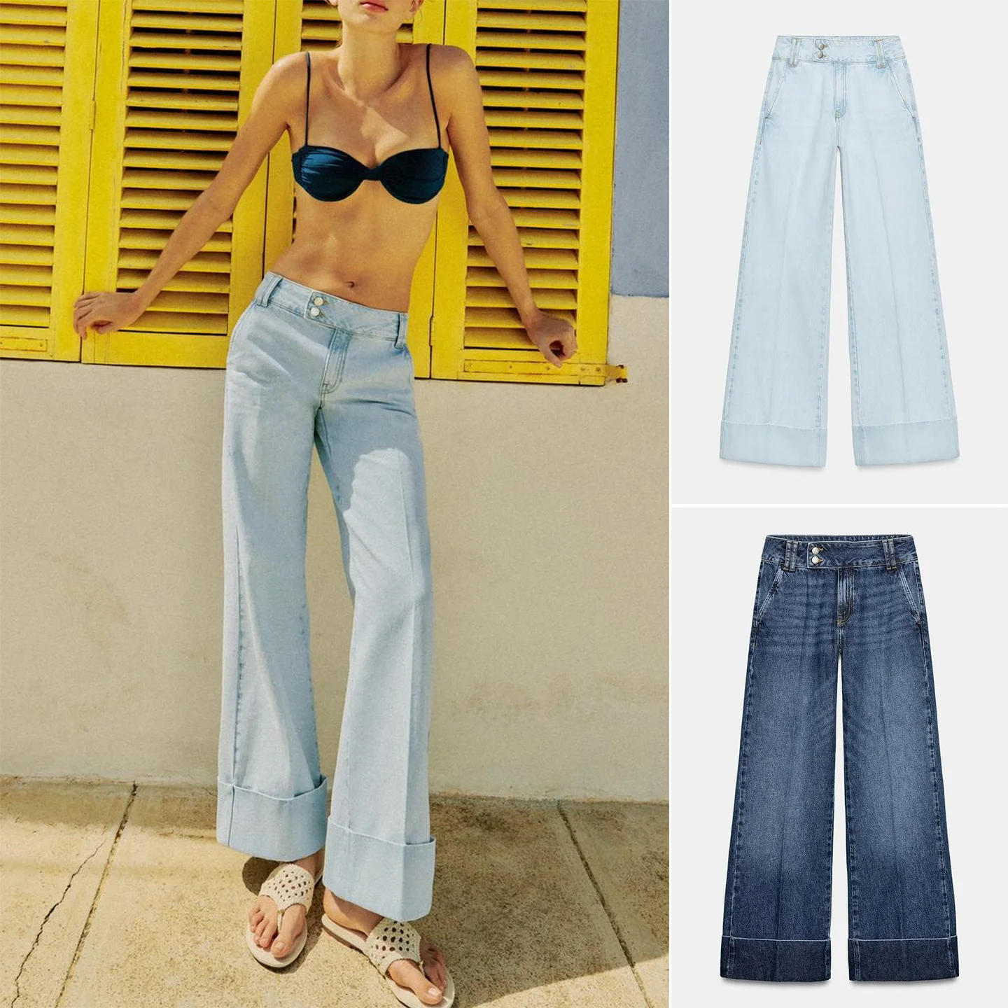 

Summer New Casual Style Low Waist Cuffed Hem Straight Leg Jeans Women's Fashion Polyester Fiber Button Closure