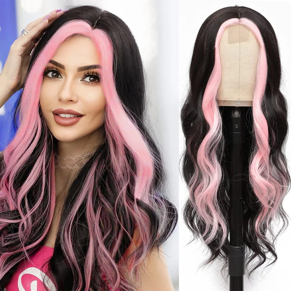 

Long Body Wave Highlight Syntheic Wigs Skunk Stripe Synthetic Lace Wig Long Wavy Orange with Blonde Highlighted Wigs for Women