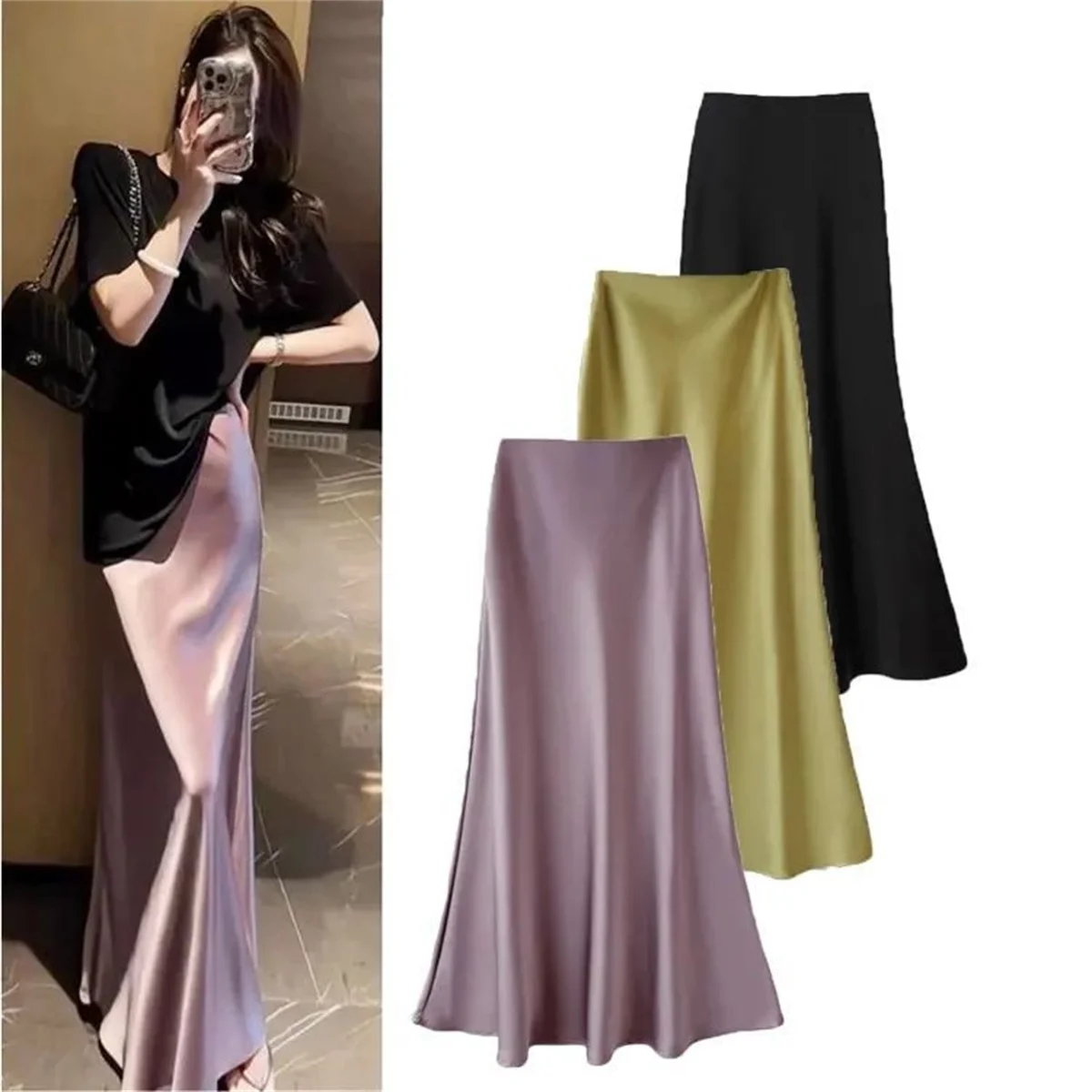 Femmes élégantes queue de poisson Satin jupe mode française solide taille haute jupes bureau dame mince vêtements femme décontracté bas de fête