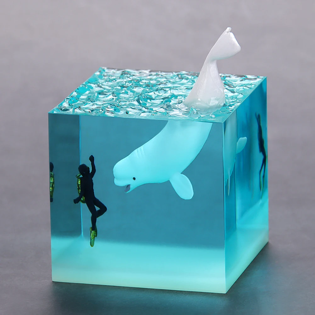 Whale Diver Night Light Cube Resin Decorative Marine Whale Decor Beluga Killer Whale Megalodon for Desktop Bookshelf