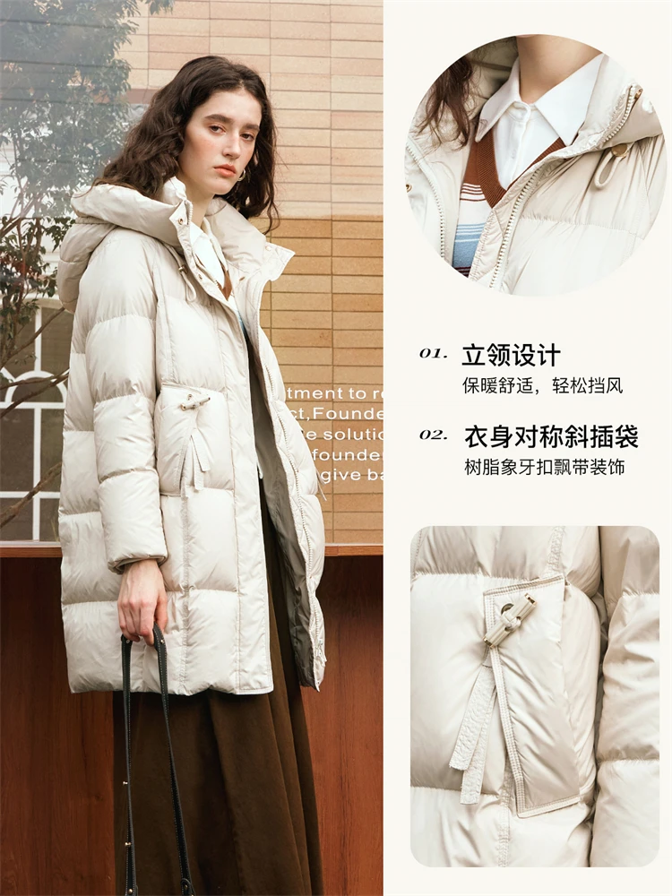 OLrain Dames Lange Donsjack 2025, Winter Stand Capuchon Kraag Abrikoos Kleur Warm Commuter Veelzijdige Puffer Jas GWO56DY95051