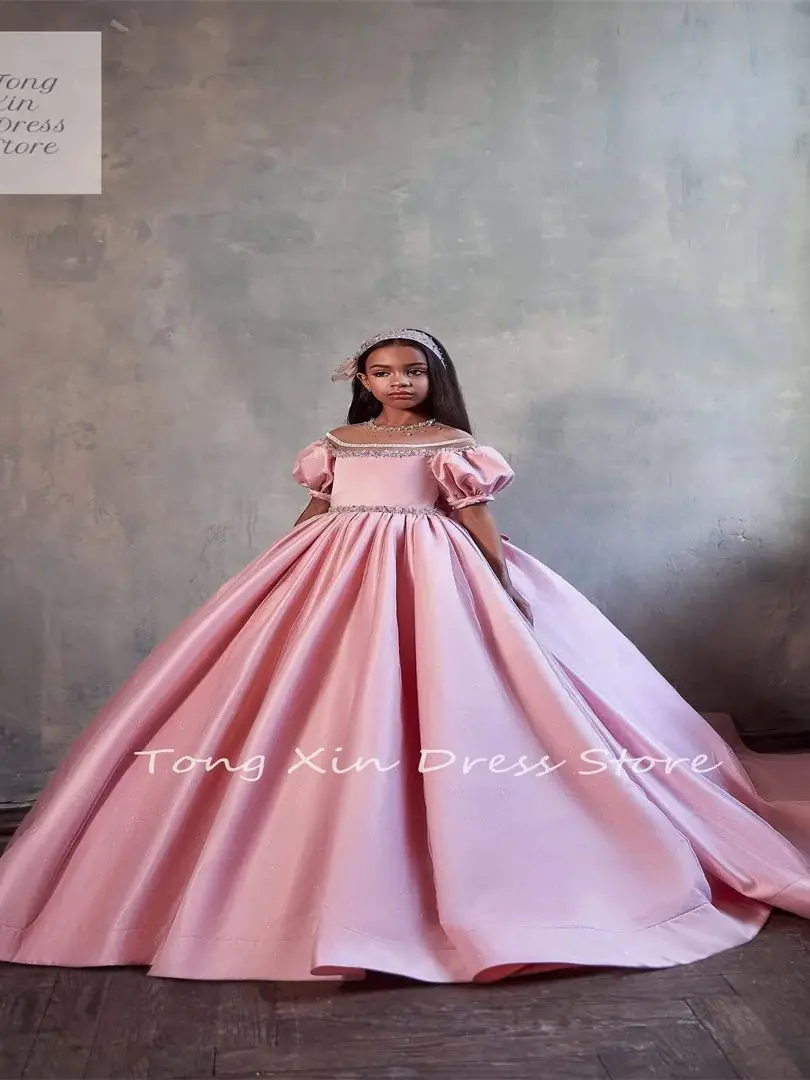 Customized Girls Pageant Dresses Princess Satin Jewel Neck Short Sleeves Crystal Beads Kids Flower Girl Dress Ball Gown Birthday