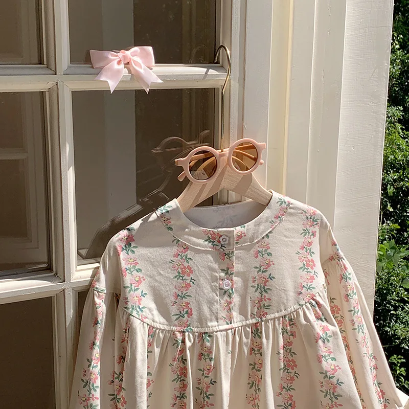 

Children's loose Cotton Shirt Dress Girls' Dress2025Autumn Floral Long Sleeve Stand Collar Children's Dress