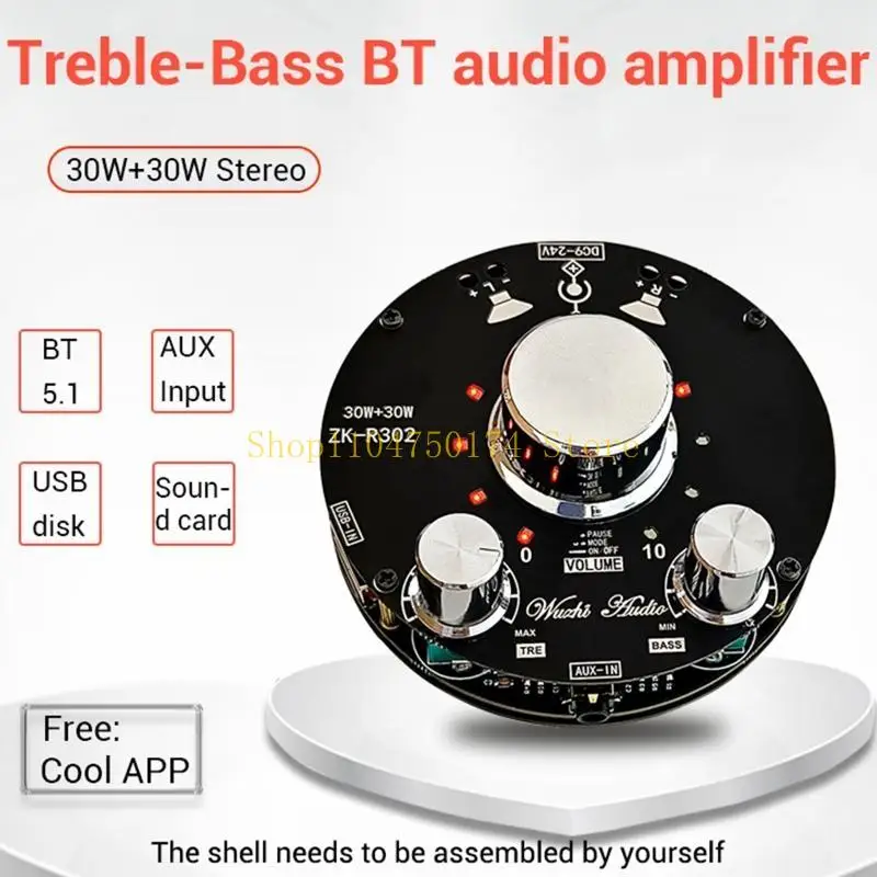 BT Amplifier Board 30W+30W with APP Control AUX/BT/USB/Sound Card Input AUX Amp Module Bass & Treble Control for Home Top Sale