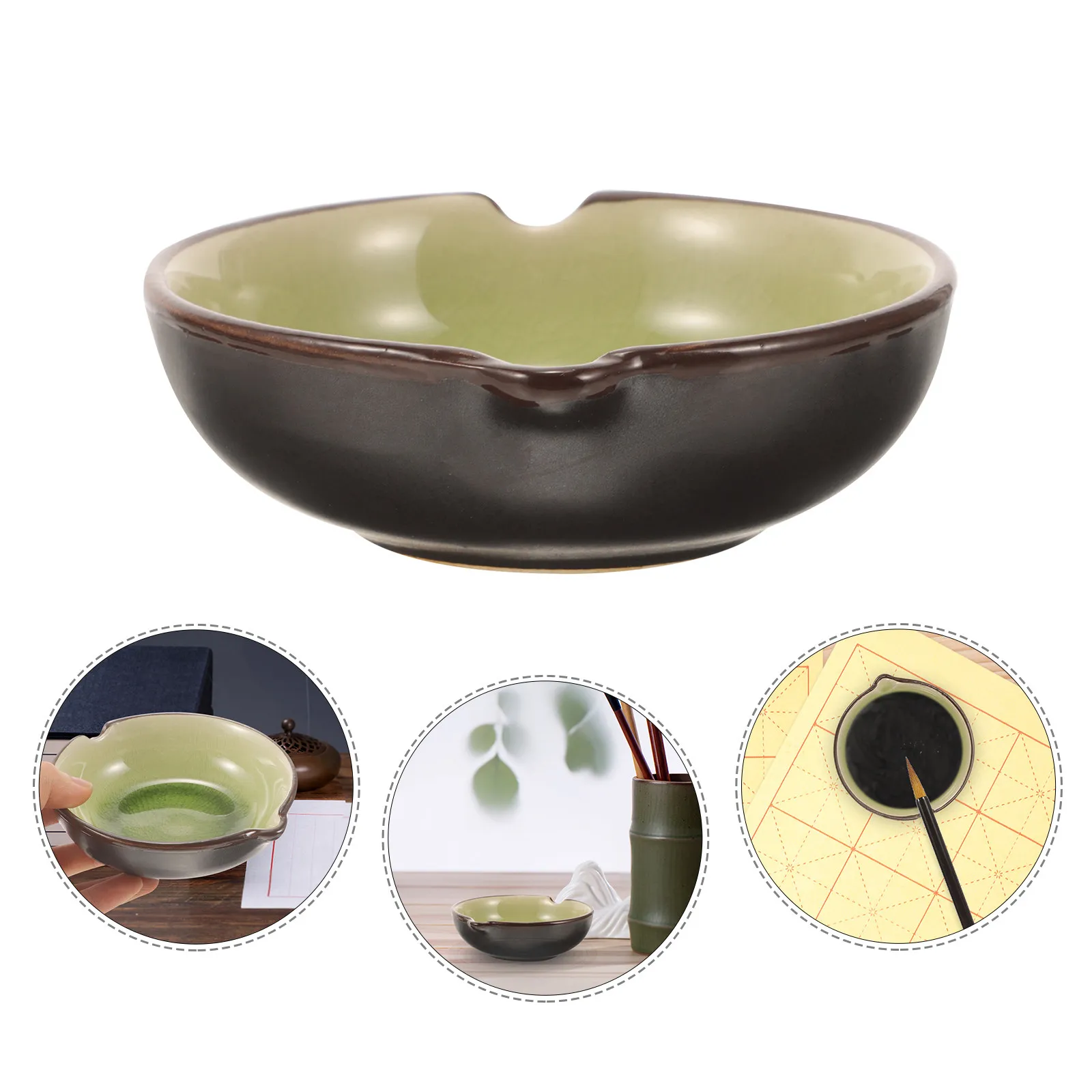 Large Capacity Ceramic Ice Crackle Ink Dish Brush Pen Holder Desktop Calligraphy Ink Container Paint Brush Washing Plate