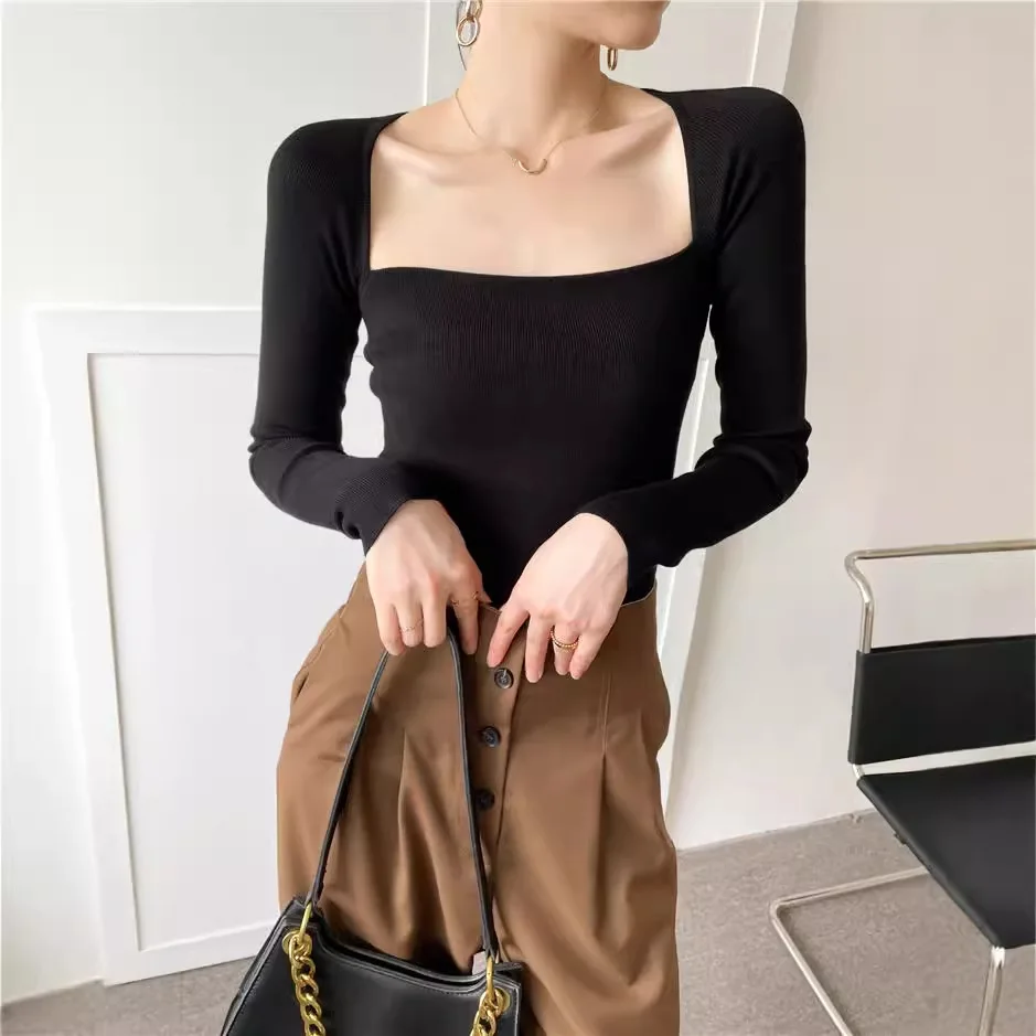 

3406 Paper Man~ Spring Elegant French Square Neck Collarbone-Exposing Slim Fit Knitted Top Inner Wear