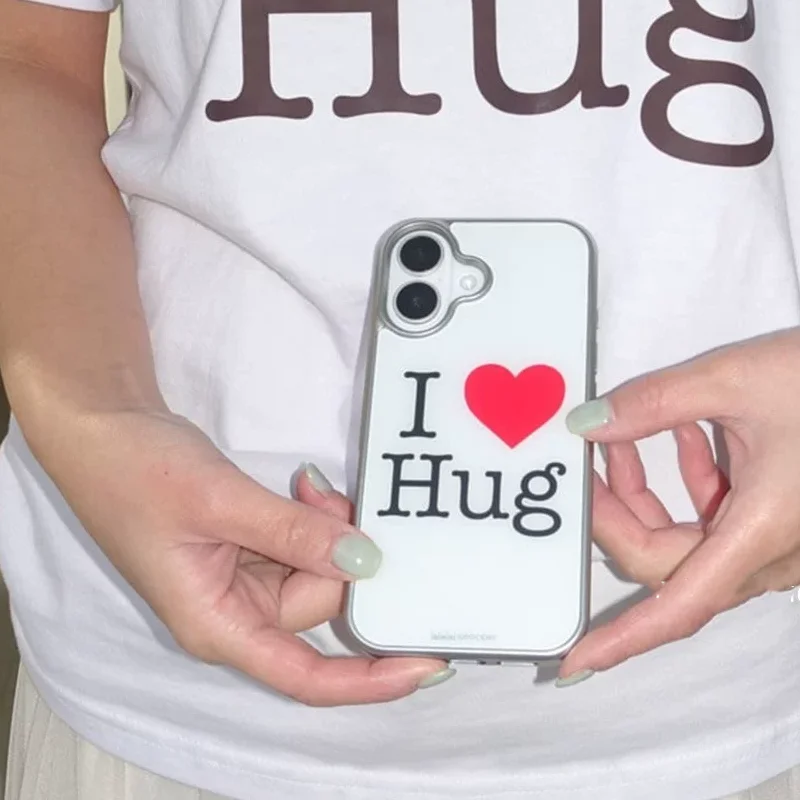 Korean Ins Niche I Love Hug Love Letter Print Phone Case For iPhone 17 AIR 16 15 14 13 12 11 PRO MAX PLUS Anti Drop Y2K Cover