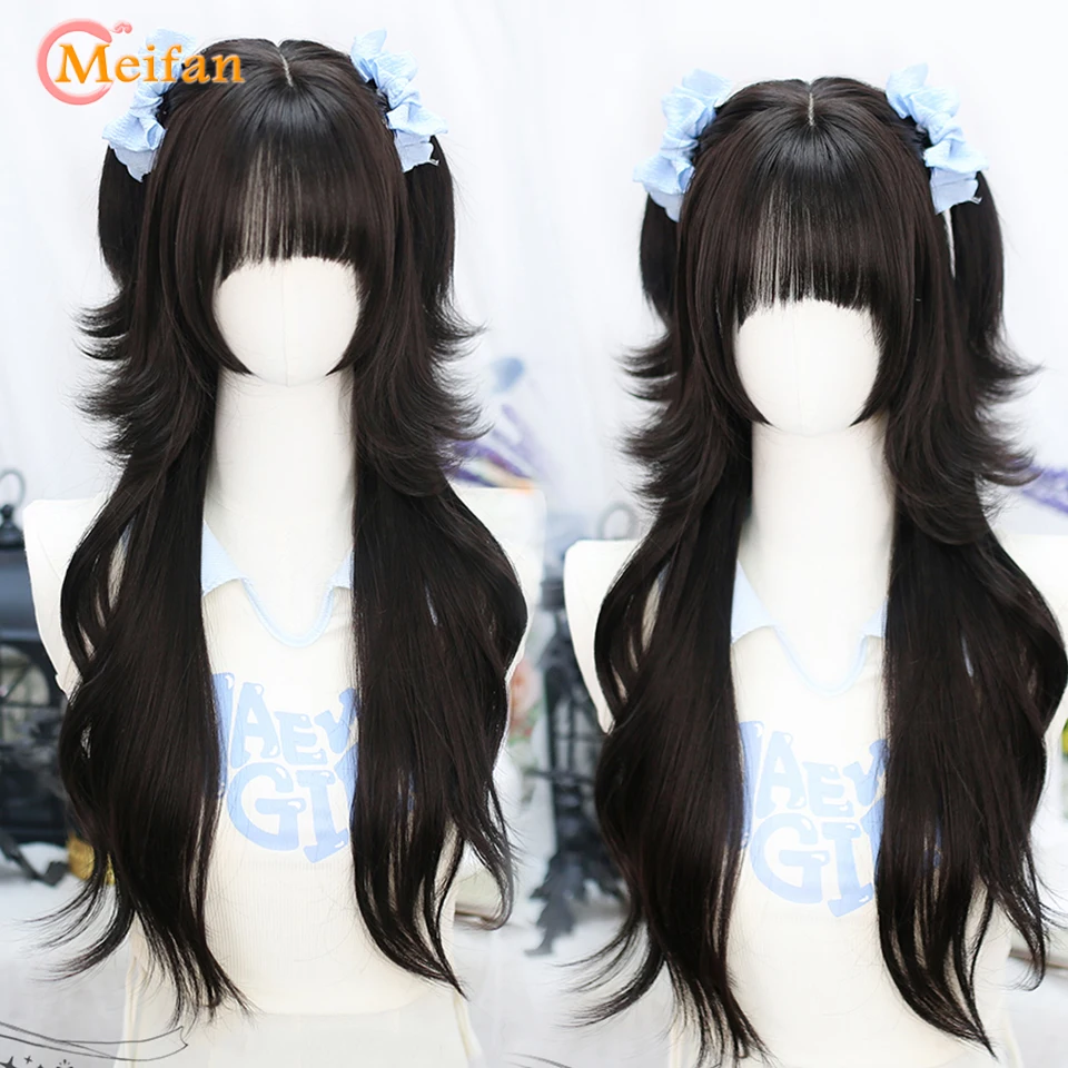 MEIFAN Long Lolita Ombre Harajuku Wig With Bang Red Blue Wave Curly Cosplay Wig Heat Resistant Synthetic Jellyfish Head Wigs