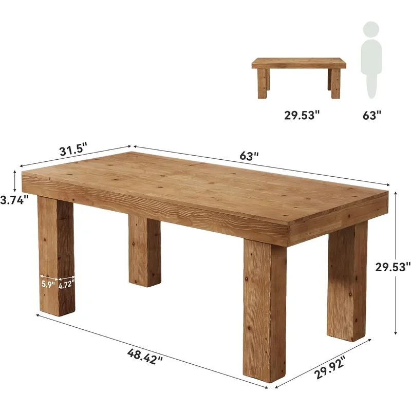 Solid Wood Dining Table for 4-6, 63-Inch Farmhouse Kitchen Table with Heavy Duty Legs, Wooden Rectangular Dinner Tables for