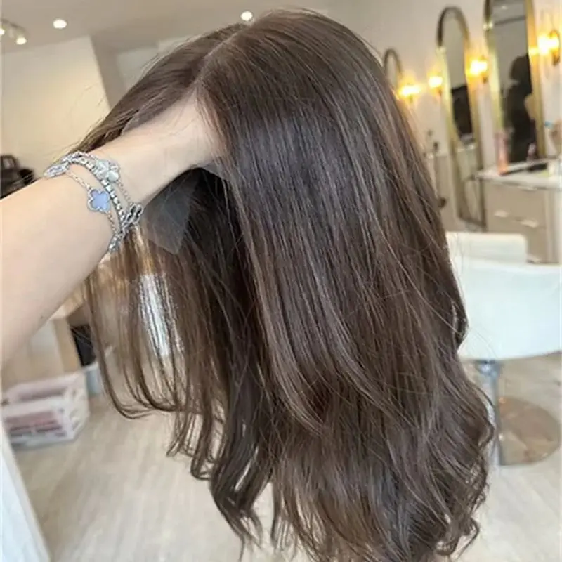 Peluca sintética HD con encaje frontal, color castaño oscuro con reflejos, sin pegamento, línea de cabello premium, para mujeres, uso diario, fiestas, cosplay