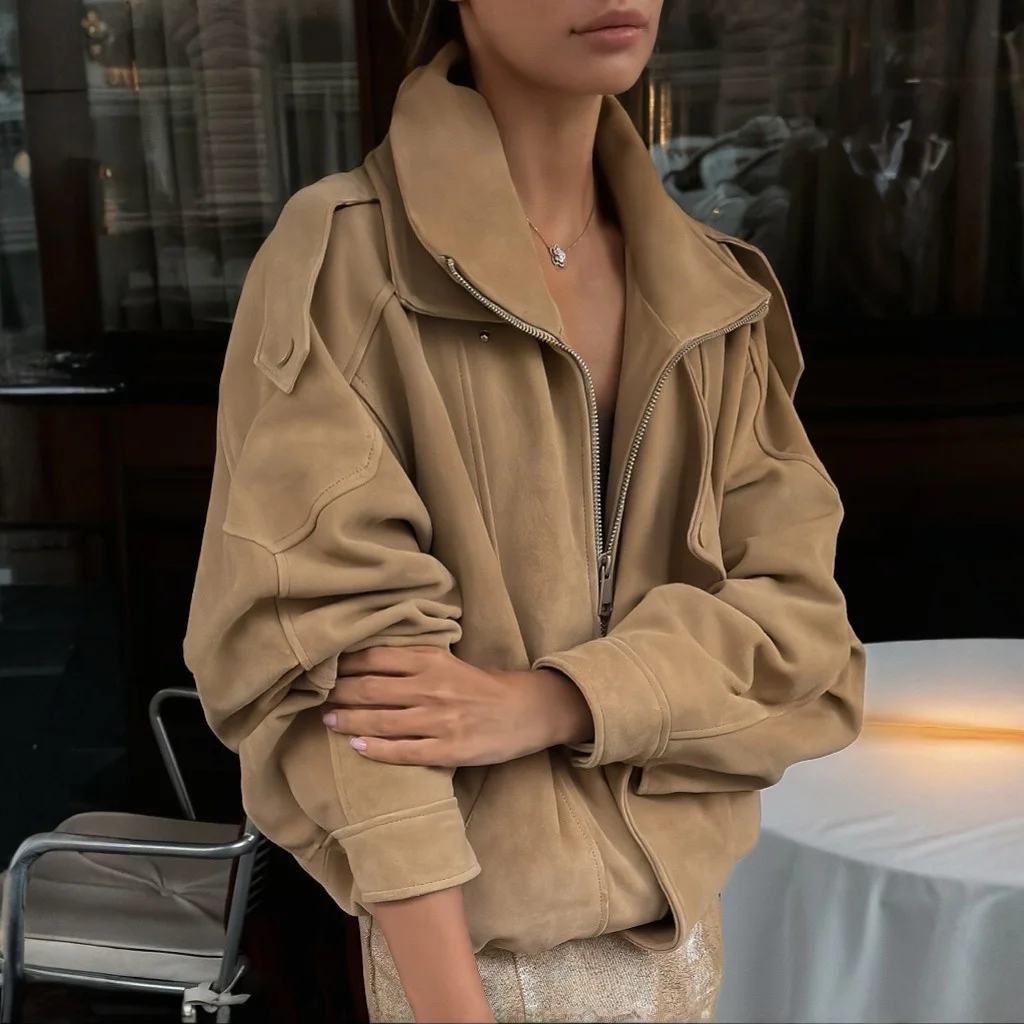 

Premium Suede Jacket Oversize Loose Brown Coats Autumn Long Sleeve Zippers Leather Outfit Women Jackets Casual Top Outwear Coats