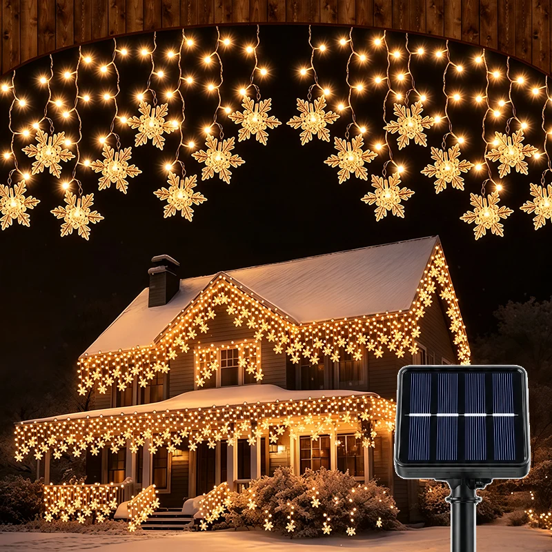 Solar Powered Snowflake String Light Warm White Colorful LED Garland IP54 Rating 8 Modes Christmas Tree Patio Garden Decoration