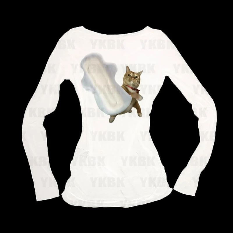Grafischer Harajuku-Print mit Buchstaben und Katzen-Meme, Langarm-T-Shirts für Damen, 90er Slim Fit Vintage Damen Trashy Y2k 2000er Tops Gothic