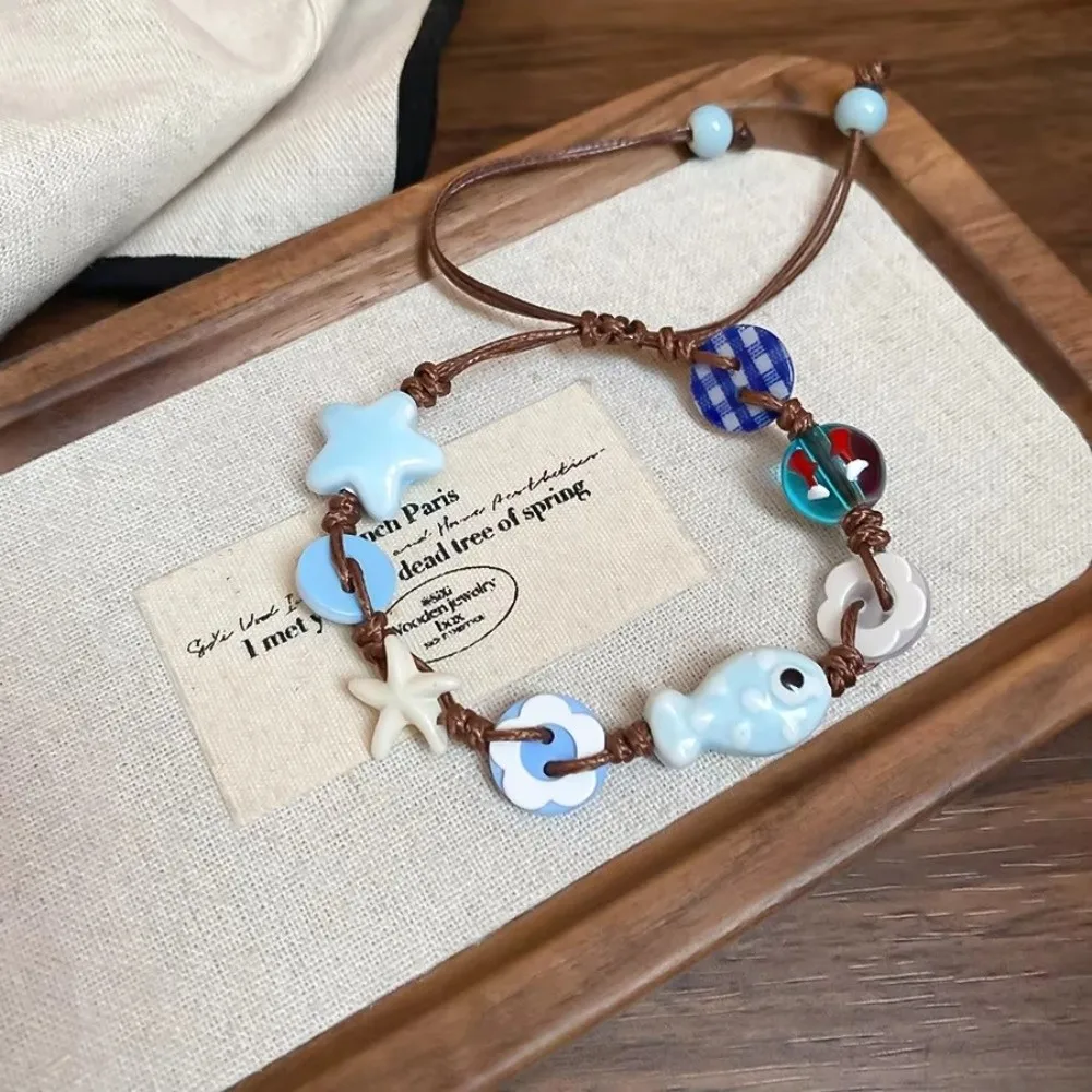Temperament Adjustable Ceramic Bracelet Beads Braided Rope Woven Bracelet Cute Romantic Starfish Necklace Festival