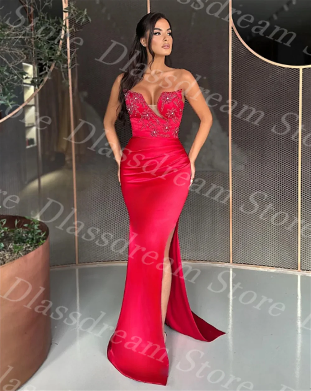 

Pretty Red Evening Dresses Wear Sweetheart Illusion Sleeveless Mermaid Crystal Beads Side Split Plus Size Formal Prom Dresses