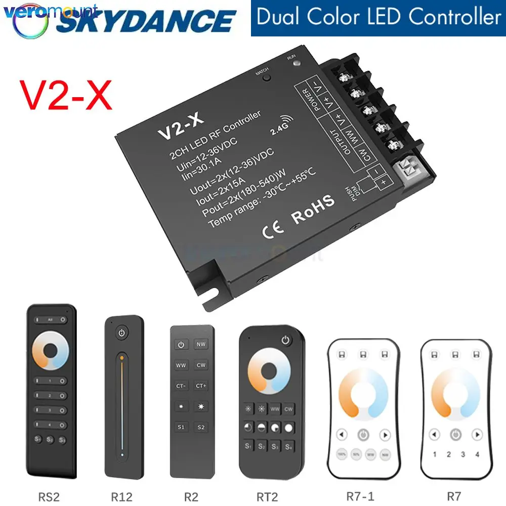 

Skydance V2-X CCT LED Controller DC 12V 24V 4CH 30A PWM 2.4G RF Wireless Remote Knob Control for WW CW Dual Color LED StripLight