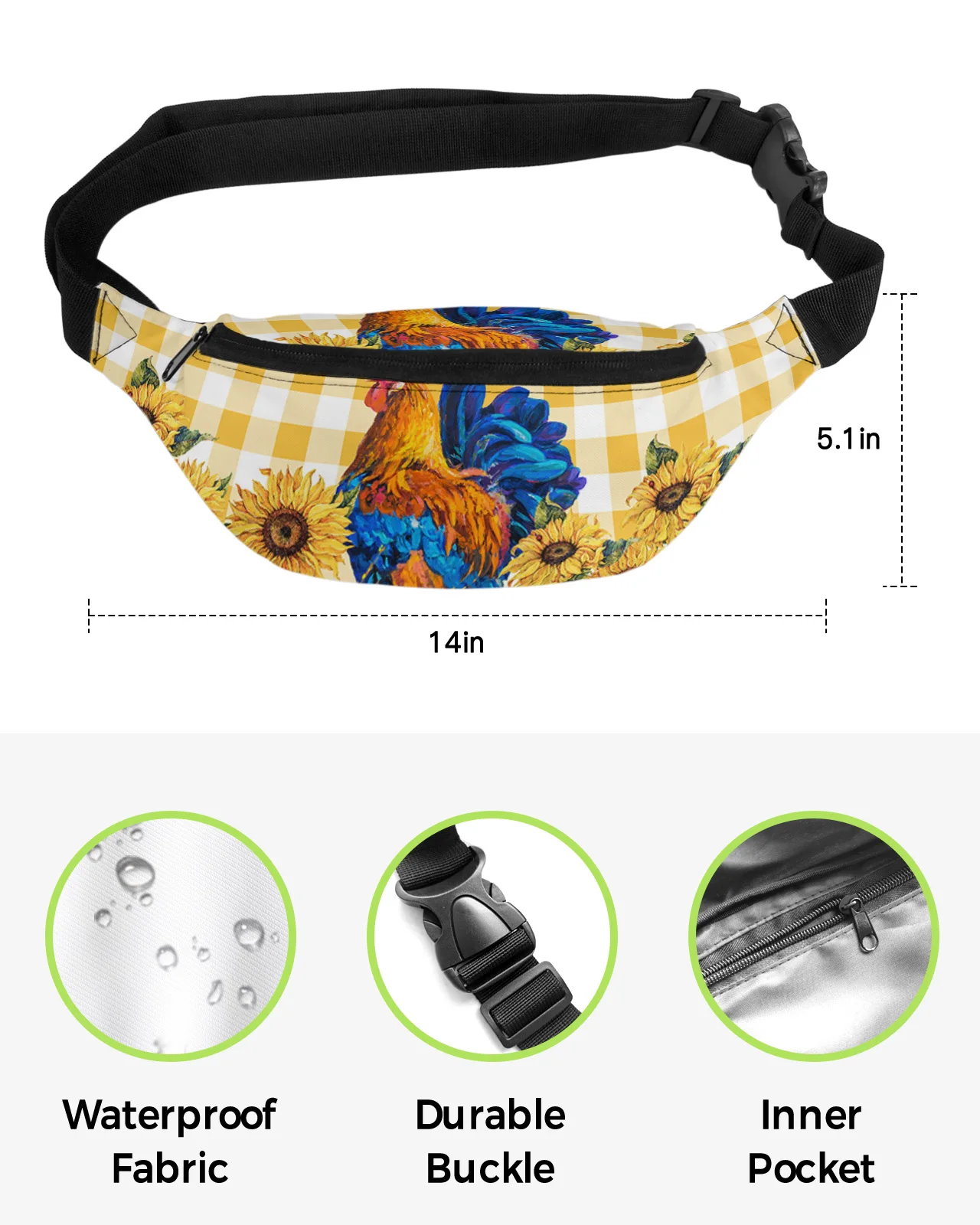 Bolsa de cintura xadrez unissex para homens e mulheres, bolsa de peito, sacos de cinto, grande capacidade, fazenda rústica, frango, girassol, crossbody