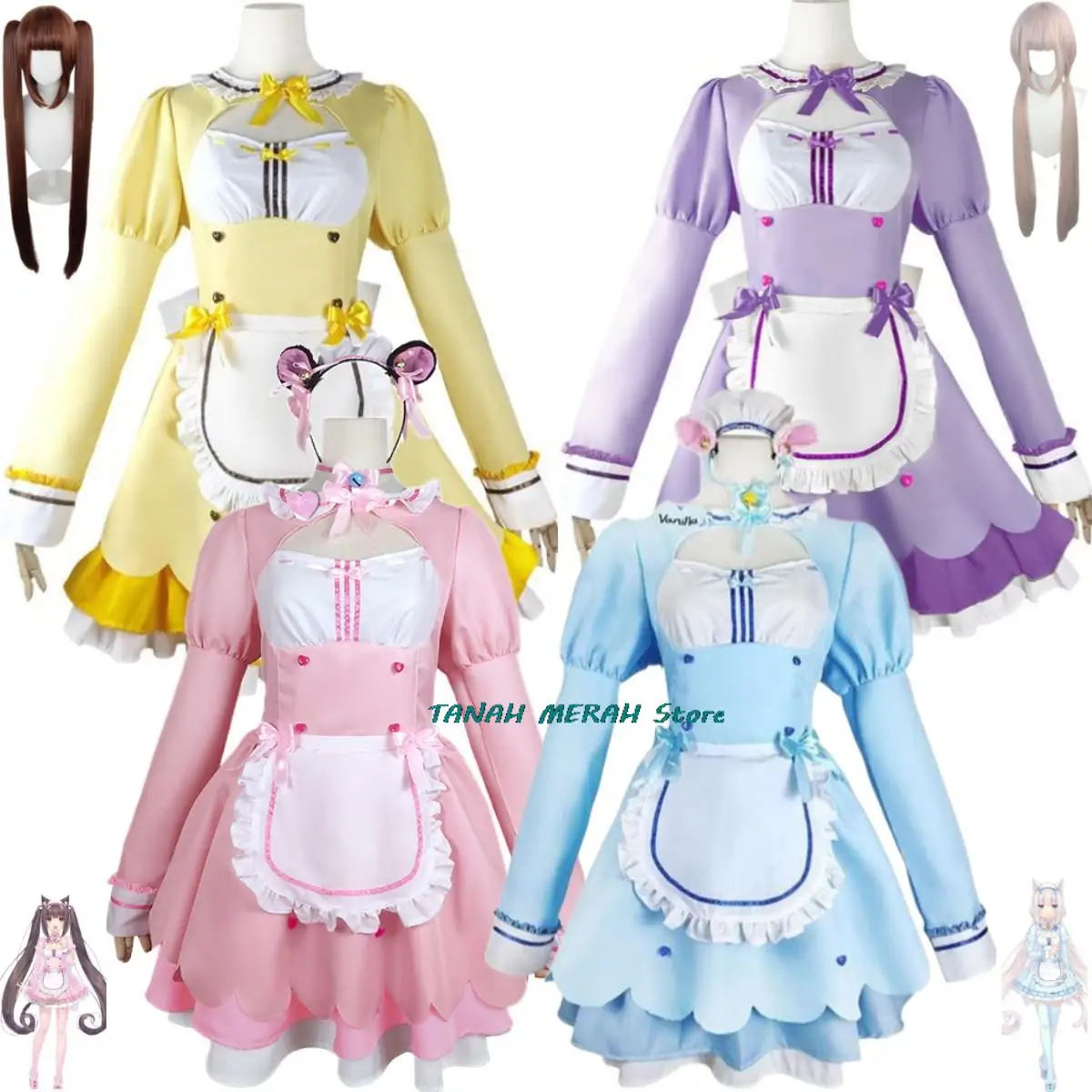 Anime gra Nekopara Chocola Vanilla przebranie na karnawał peruka pokojówka sukienka Lolita służąca spódnica kobieta seksowna Kawaii kostium na przyjęcie urodzinowe