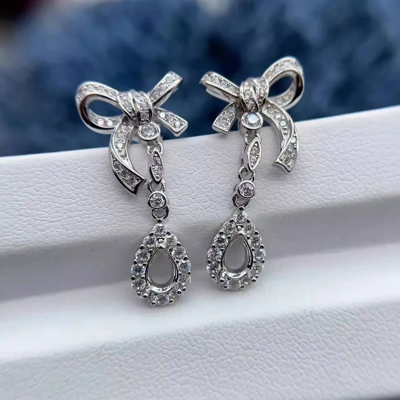 MeiBaPJ Inlay 4*6mm Drop Gemstone Bow Earrings S925 Sterling Silver DIY Empty Holder for Women Jewelry Accessory Free Shipping