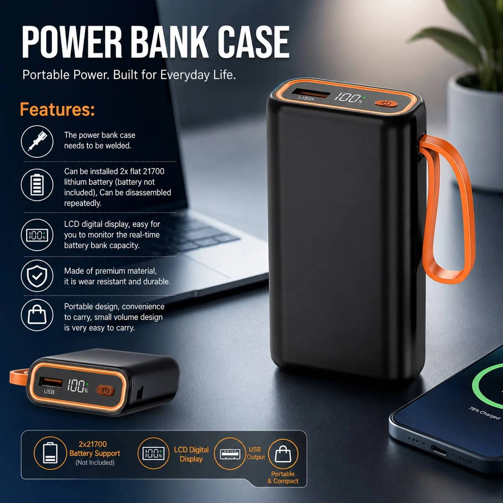Carga rápida DIY Shell para Telefones, Soldado Power Bank Case, caixas de armazenamento de bateria, 2 Slots, 21700