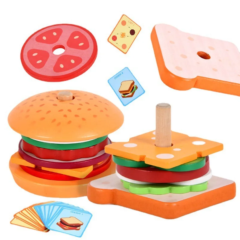 Mainan Montessori Sandwich Burger kayu mainan susun kayu bermain dengan balita dan mainan pendidikan prasekolah untuk anak-anak