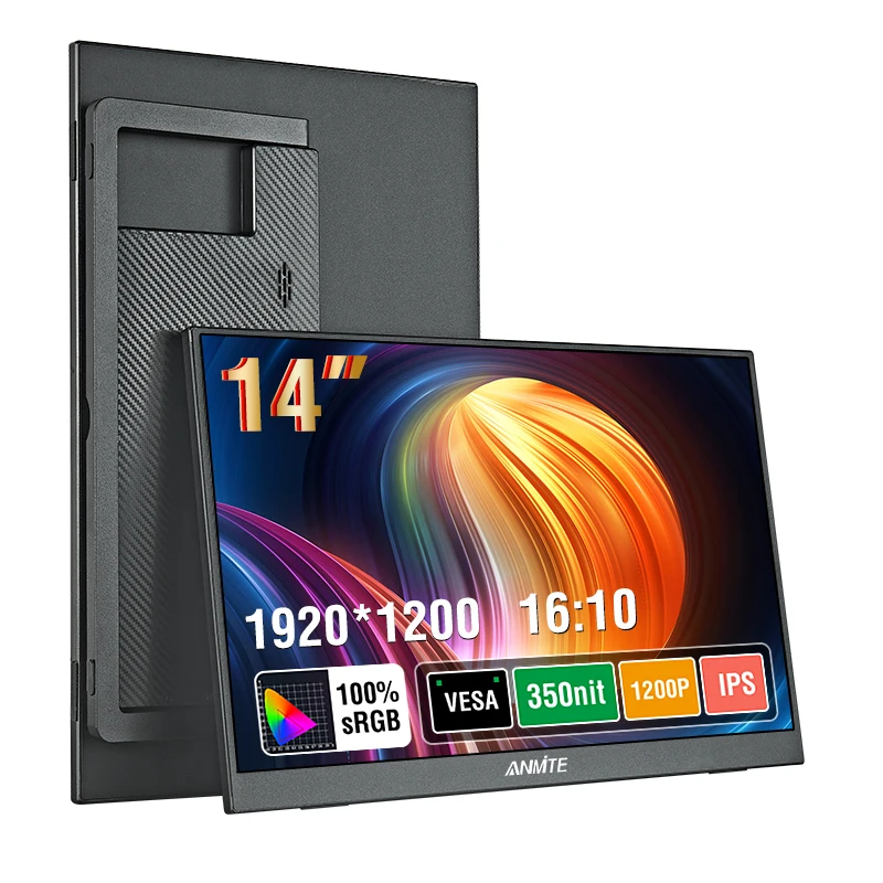Anmite 14 Inch Portable Touch Monitor Non-touch Optional 1200P 1920*1200 HDR IPS External Screen, Full Function Type-C HDMI Plug&Play Built-in Speaker Low Blue Light Gaming Display For Phone Laptop Switch PS4 PS5 Xbox Steam Deck Mac