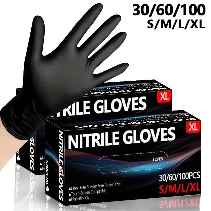 30/60/100PCS Einweg-Handschuhe aus schwarzem Nitril, schwarze Nitril-Handschuhe, Reinigung, Friseur, Haustier, Tattoo, Baden, Geschirrspülen