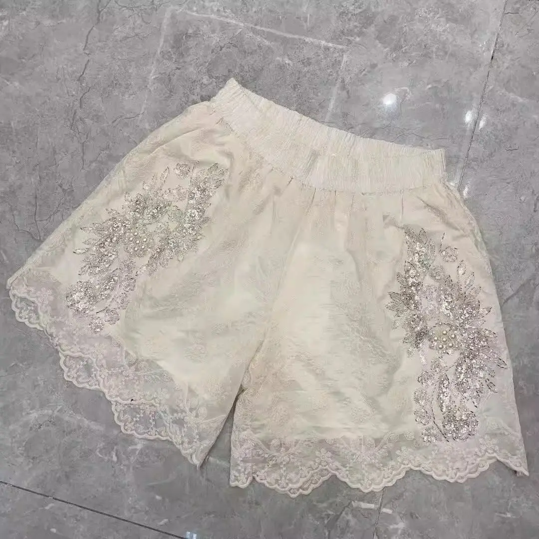Luxurious Beading Lace Shorts 2026 Summer Women's Loose-fitting Wide-leg Casual Shorts Female Korean Style Elegant Lace Shorts