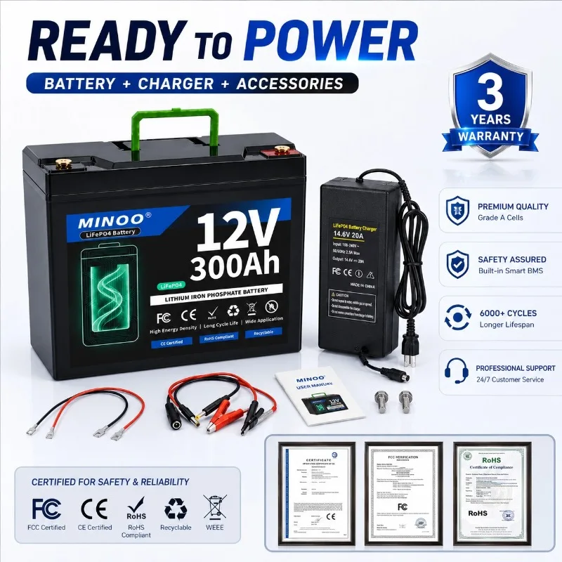 12V 300Ah Lithium LiFePO4 Battery Built-in 300A BMS High Capacity Deep Cycle Battery for RV Solar Marine Backup Power