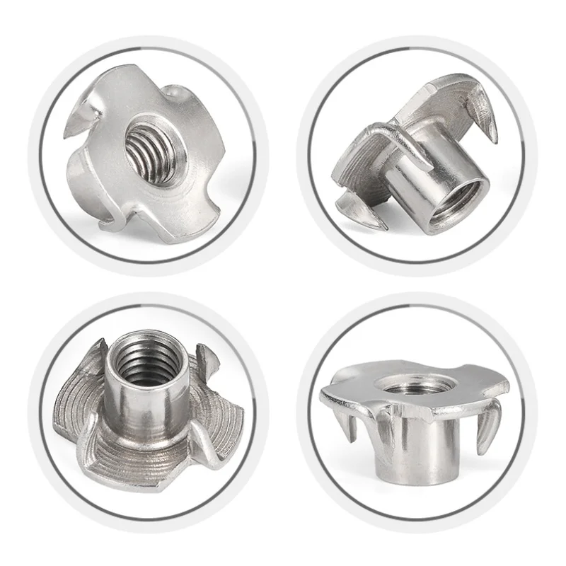 

304 Stainless Steel M4 M5 M6 M8 M10 1/4-20 5/16-18 3/8-16 Four Claws Prongs Knock In Wood Captive Nut Insert Speaker T-Nut