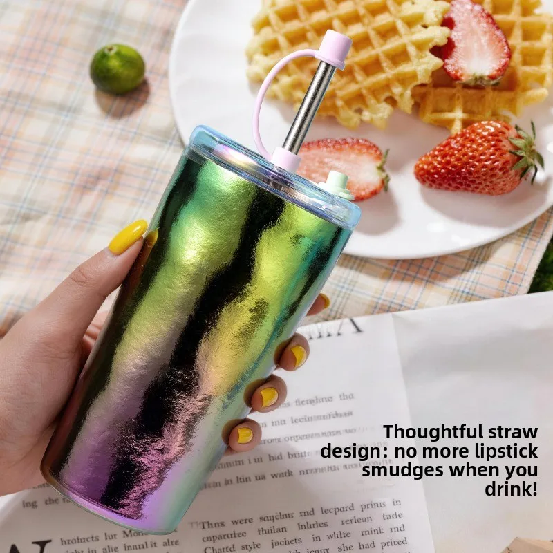 Creative High‑Beauty Borderless Double‑Wall Straw Cup 520ml Large Capacity Water Mug for Women Office