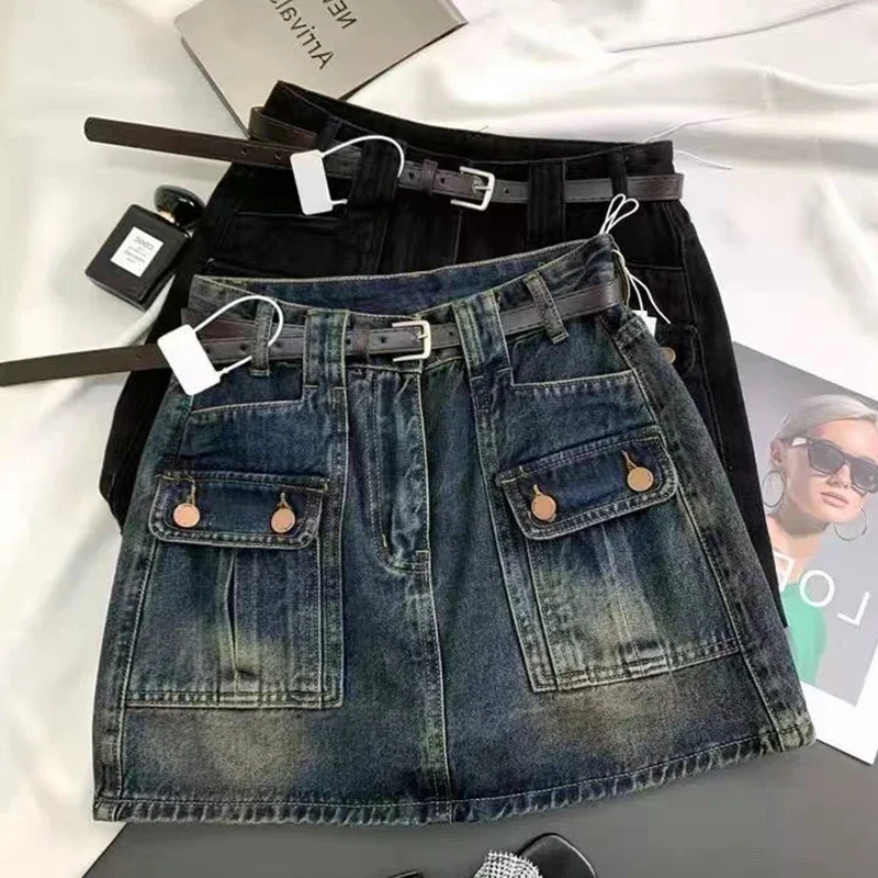 MEXZT البضائع الدنيم تنورة صغيرة المرأة خمر الأسود الورك التفاف الجينز التنانير الشارع الشهير الكورية عالية الخصر تصميم نحيف ألف خط Faldas