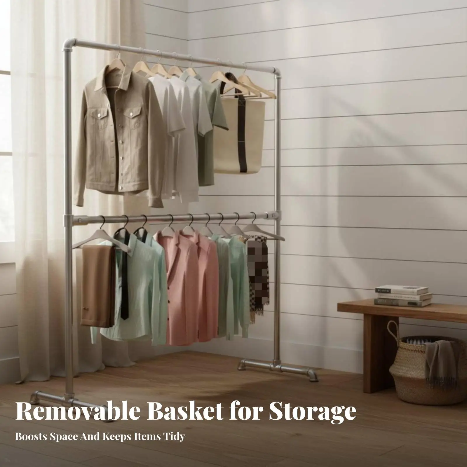 Easy Move Garment Rack with Two Hanging Bars and Basket for Clothes Organization in Bedroom Laundry Room