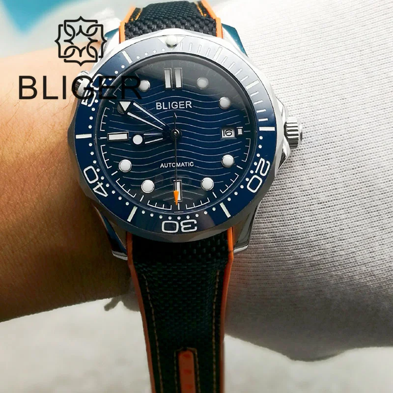 BLIGER 41mm Sapphire Automatic Men's Watch Blue NH35/Miyota 8215 Movement Ocean Waves Dial Date Display Rotating Ceramic Bezel