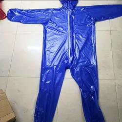 Man Blue Waterproof Windproof Hooded Long Sleeve Jumpsuit Zipper Soft Smooth AntiDusty Sexy Costume Clubwear Private Party