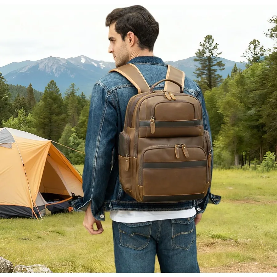 กระเป๋าเป้สะพายหลังหนังวินเทจสำหรับผู้ชาย 15.6 นิ้ว กระเป๋าใส่แล็ปท็อปความจุขนาดใหญ่ สำหรับธุรกิจ การเดินทาง เดินป่า กระเป๋าสะพายไหล่