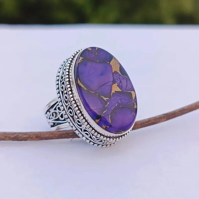 Vintage Inlaid Purple Stone Women's Ring Ethnic Silver Color Hand Carving Daily Wear Party Jewelry Anniversary Gift